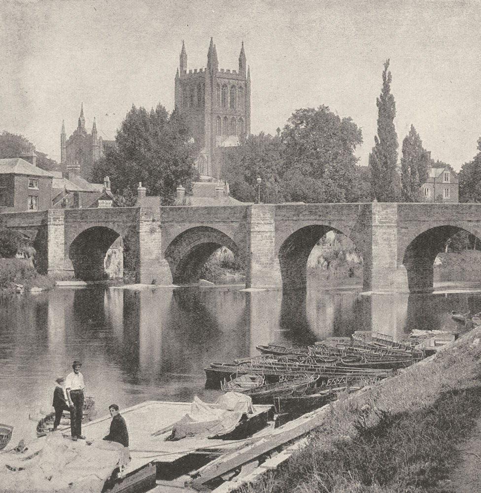 HEREFORDSHIRE. The Wye bridge and Hereford Cathedral 1901 old antique print